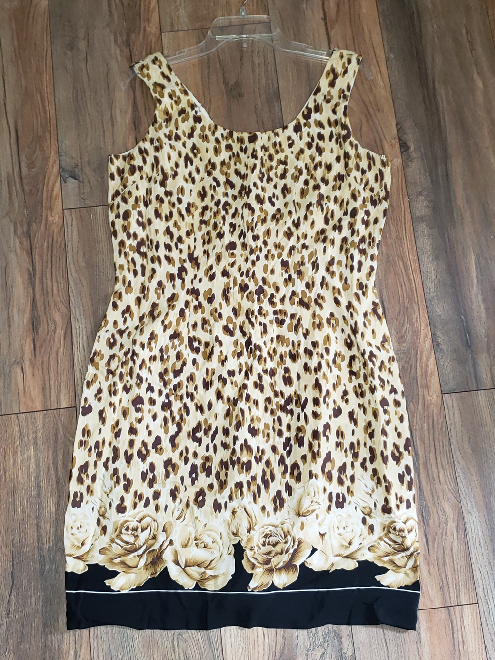 Bloomingdale's Leopard Print Sheath Dress in Cream and Brown Silk Floral Hem